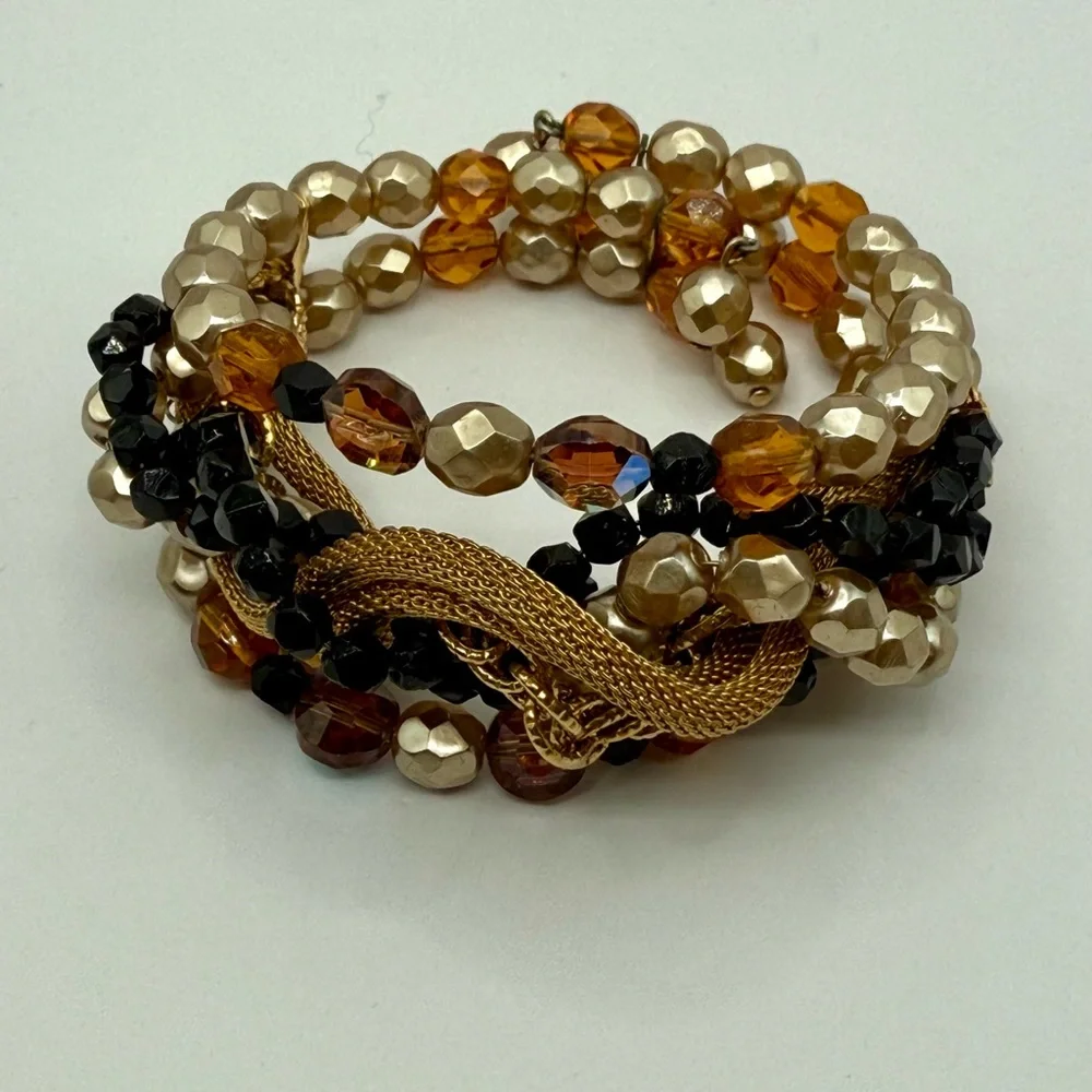 Bohemian Mixed Media Multi-Strand Wire Bracelet Adjustable Glass, AB, Gold Tone